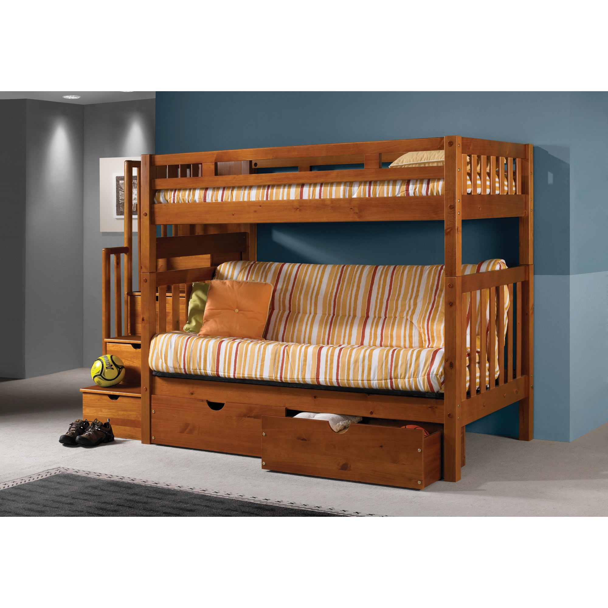 Donco Kids Tall Twin Over Futon Mission Stairway Honey Bunk Bed With Storage Drawers Donco Kids Tall Twin Over Futon Mission Stairway Honey Bunk Bed With Storage Drawers