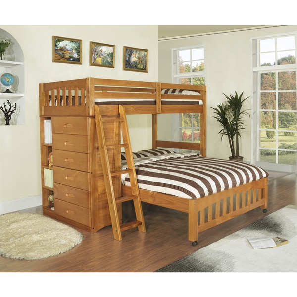 Shop Brown Pine, Wood Loft Bed Twin Over Full Bunkbed with 6-drawer ...