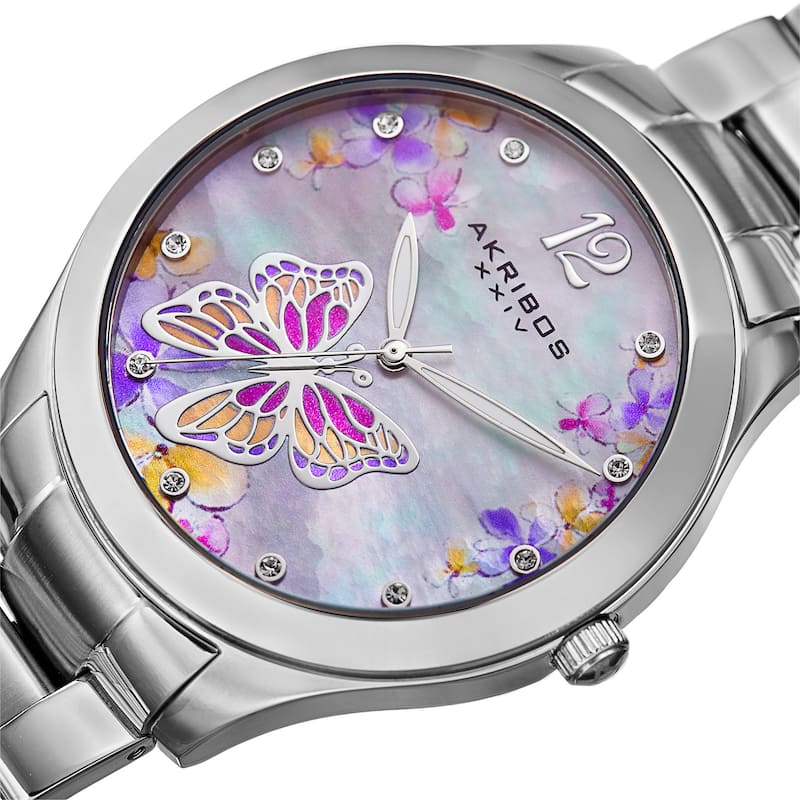 Akribos XXIV Women's Quartz Swarovski Crystal Silver-Tone Stainless Steel Bracelet Watch