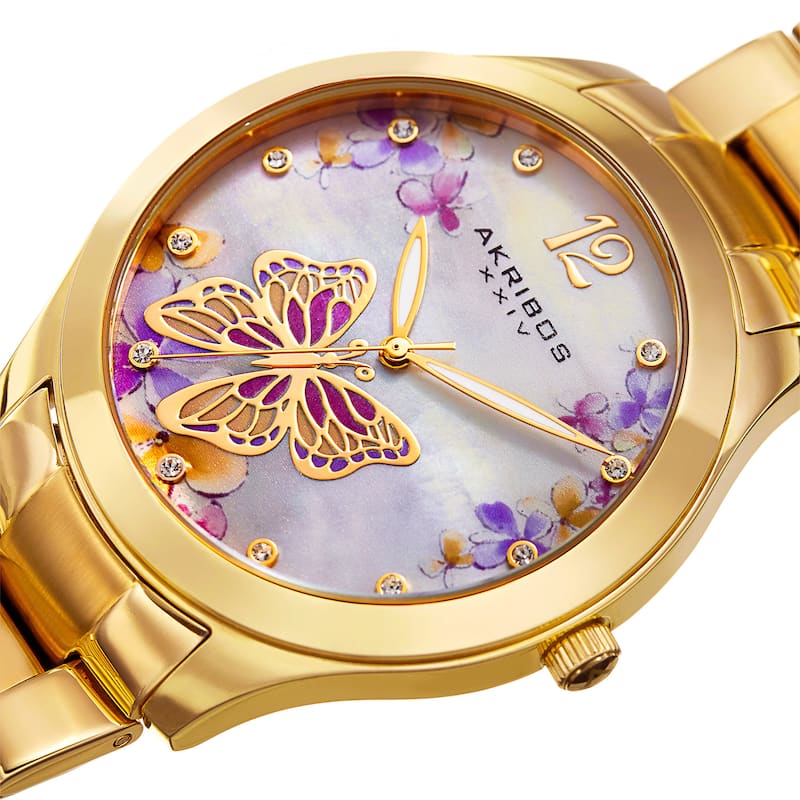 Akribos XXIV Women's Quartz Swarovski Crystal Gold-Tone Stainless Steel Bracelet Watch