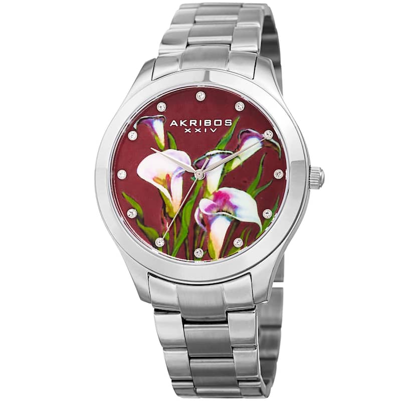 Akribos XXIV Women's Quartz Swarovski Crystal Watch with Stainless Steel Bracelet - Flower/Silver-tone