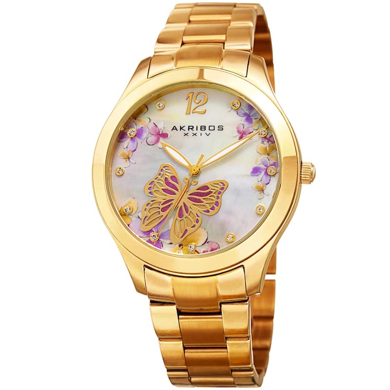 Akribos XXIV Women's Quartz Swarovski Crystal Watch with Stainless Steel Bracelet - Butterfly/Gold-tone