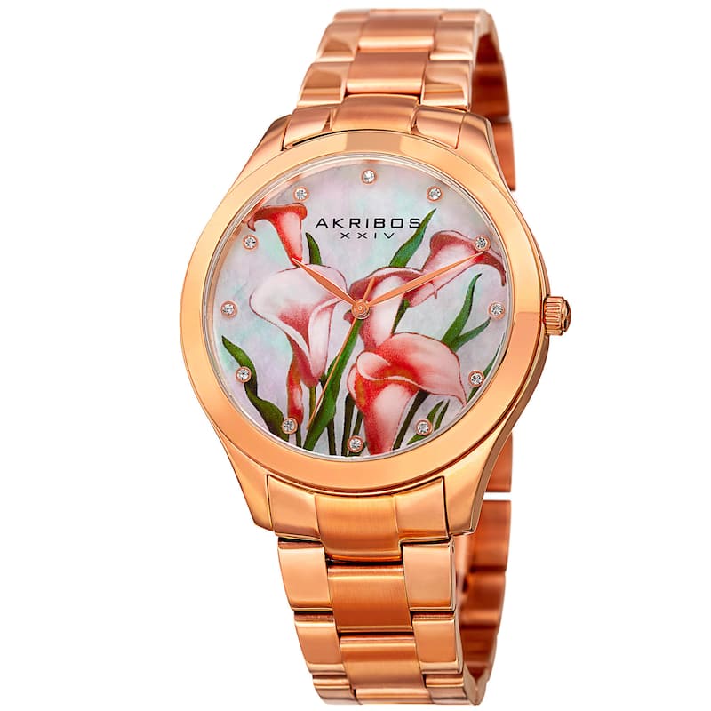 Akribos XXIV Women's Quartz Swarovski Crystal Watch with Stainless Steel Bracelet - Flower/Rose-tone