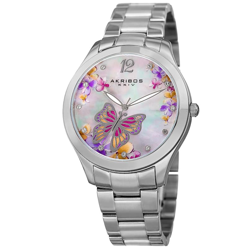Akribos XXIV Women's Quartz Swarovski Crystal Watch with Stainless Steel Bracelet - Butterfly/Silver-tone