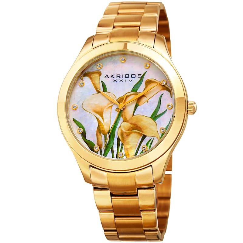 Akribos XXIV Women's Quartz Swarovski Crystal Watch with Stainless Steel Bracelet - Flower/Gold-tone