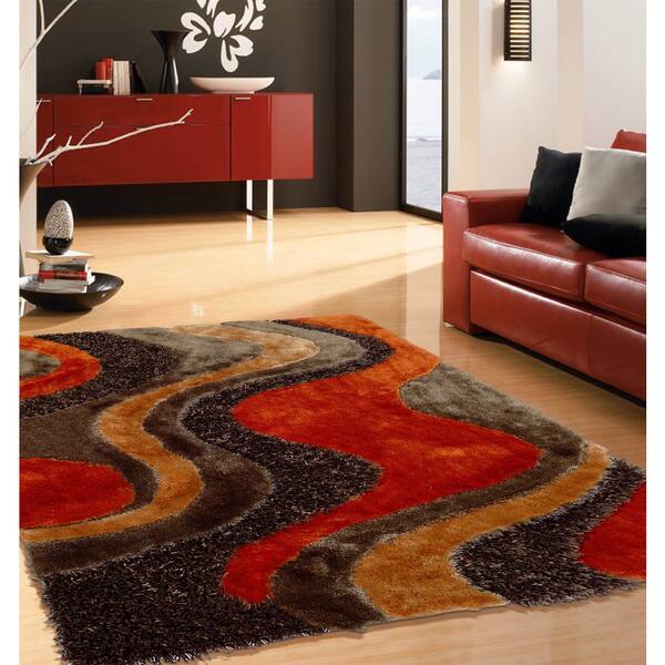 Abstract Art Sunset Design Orange Beige Brown Shag Area Rug 5 X 7 Overstock 12079496