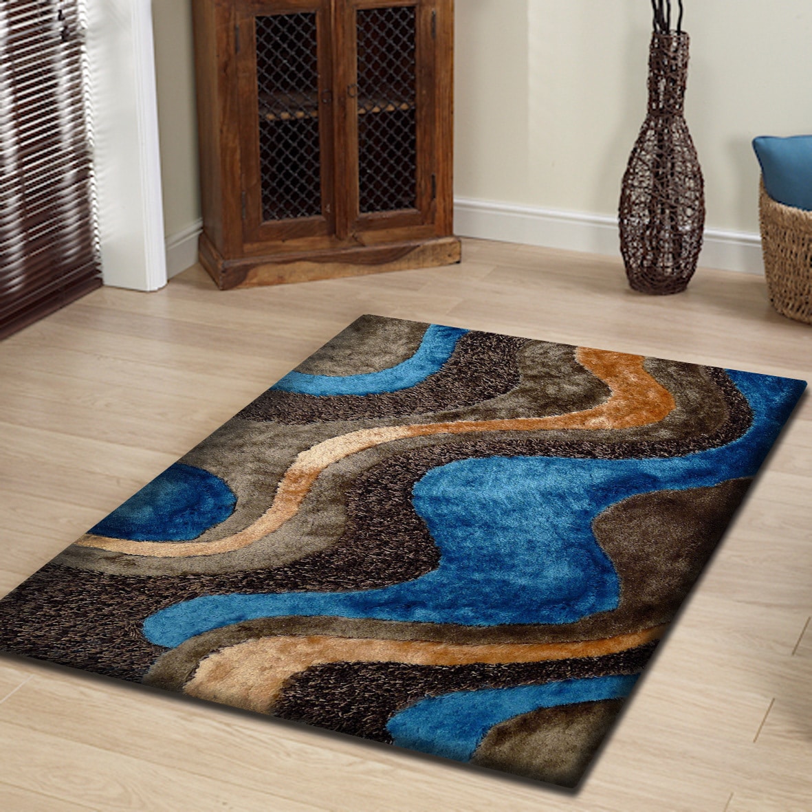 Abstract Art Blue Beige And Brown Field Design Color Combination Shag Area Rug 5 X 7 Overstock 12079498