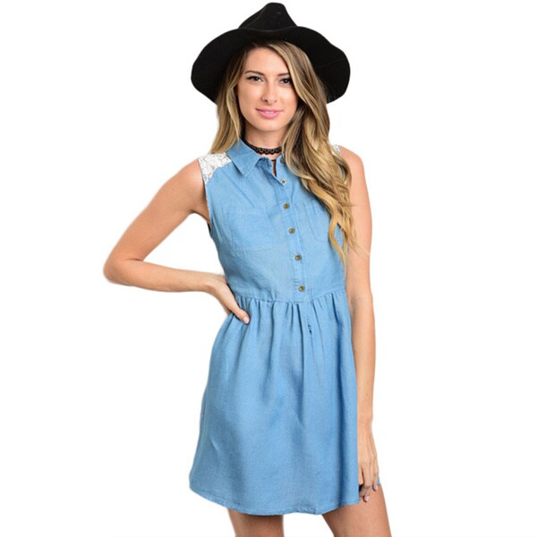 Shop The Trends Women's Sleeveless Chambray Denim Dress with Lace Back ...
