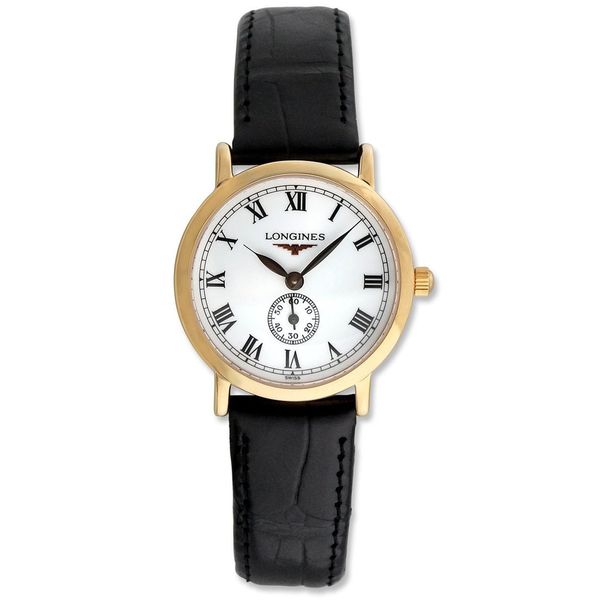 Longines Women's L42918212 'Flagship Heritage' 18kt Rose Gold Black Leather Watch. Opens flyout.