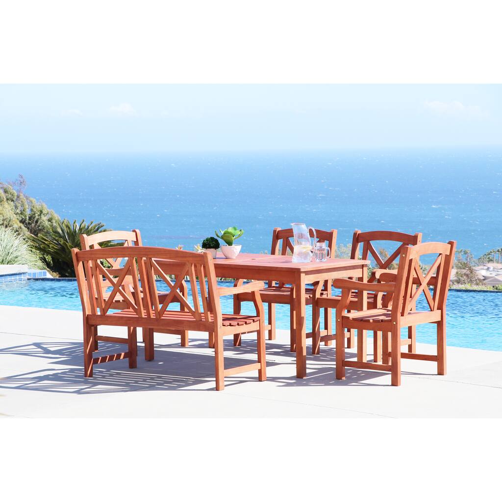 Malibu Eco-friendly 6-piece Outdoor Hardwood Dining Set with Rectangle Table, 4-foot Bench and Arm C