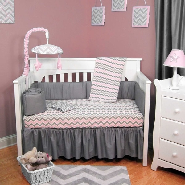 pink and grey chevron crib bedding