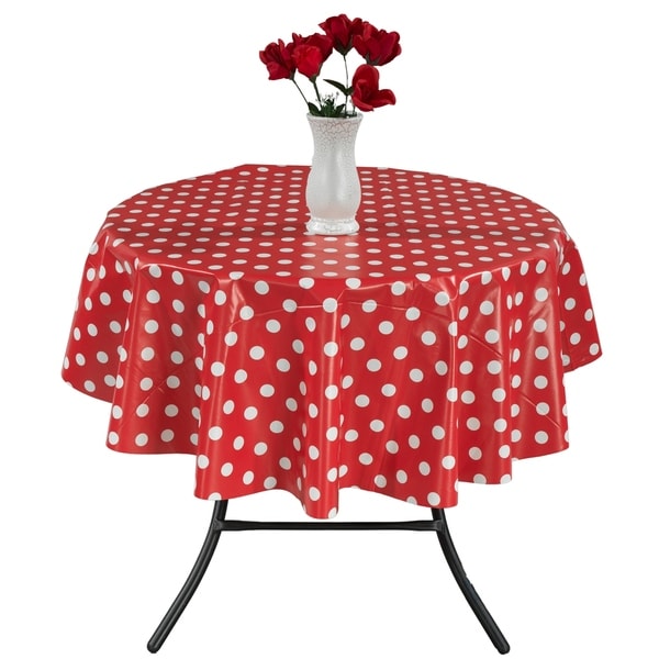Berrnour Home 55 Round Indoor Outdoor Red Polka Dots Berrnour Home 55 Round Indoor Outdoor Red Polka Dots Tablecloth