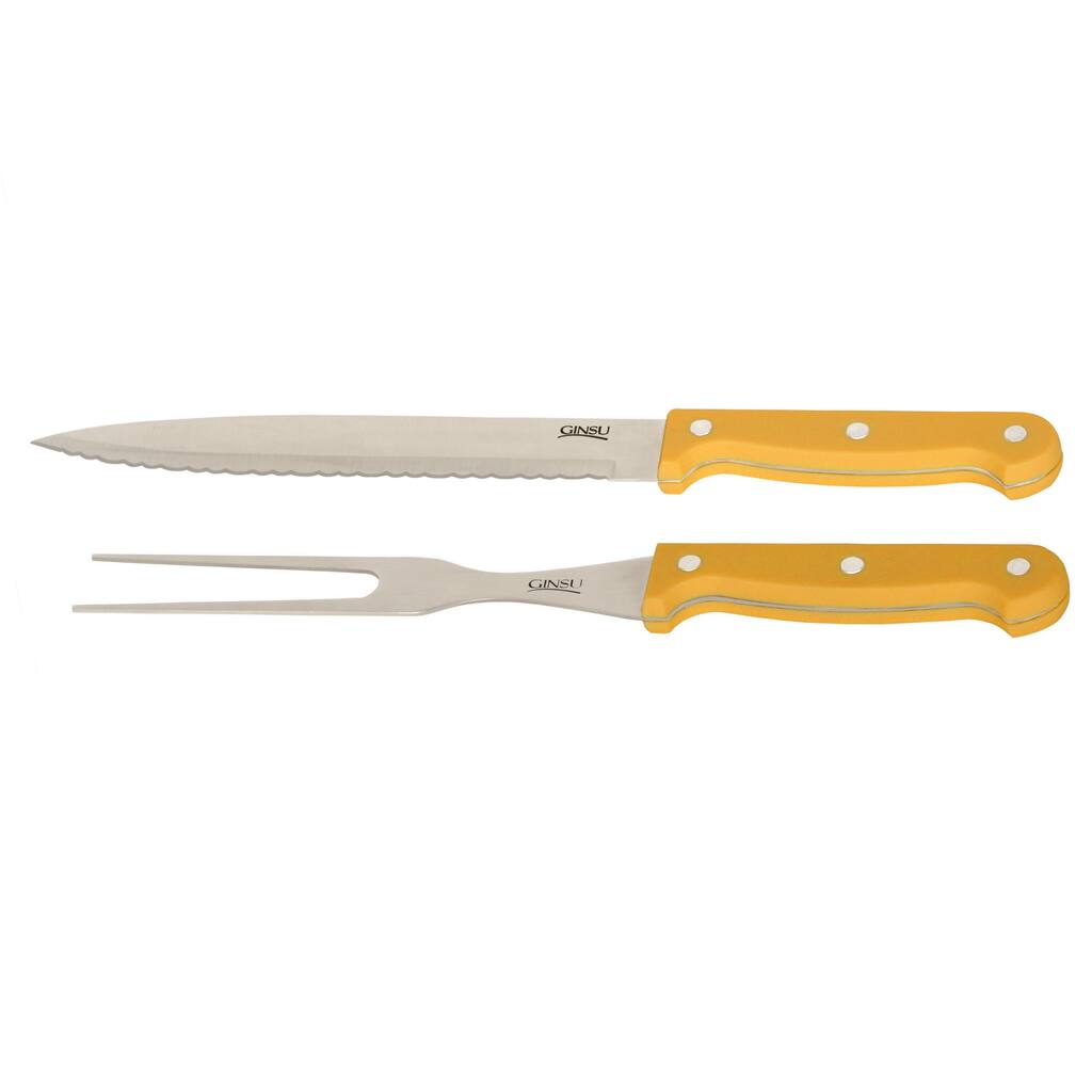 Ginsu Essential Series 2-Piece Stainless Steel Carving Knife Set - Cutlery Set with Yellow Knife and Fork
