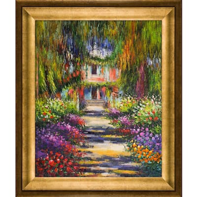 La Pastiche Claude Monet 'Garden Path at Giverny' Hand Painted Framed Canvas Art