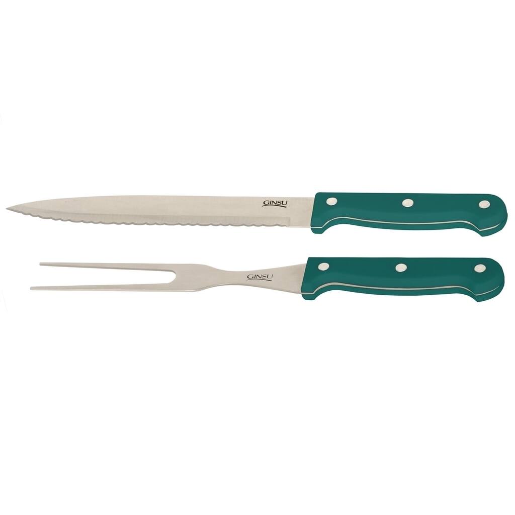 Ginsu Essential Series 2-Piece Stainless Steel Carving Knife Set - Cutlery Set with Teal Knife and Fork