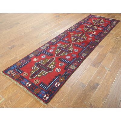 Red Wool-on-wool Oriental Balouch Hand-knotted Rug (2'7 x 9'7)