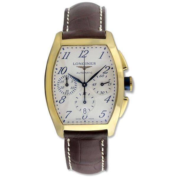 slide 1 of 1, Longines Men's 'Evidenza' 18kt Yellow Gold Chronograph Automatic Brown Leather Watch