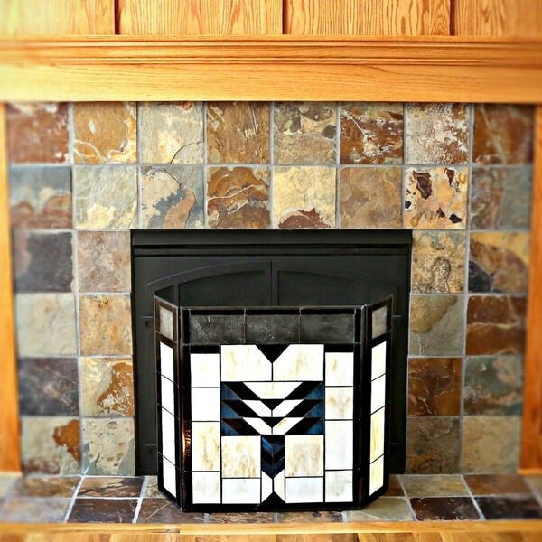 26-inch Mission Style Stained Glass Fireplace Screen