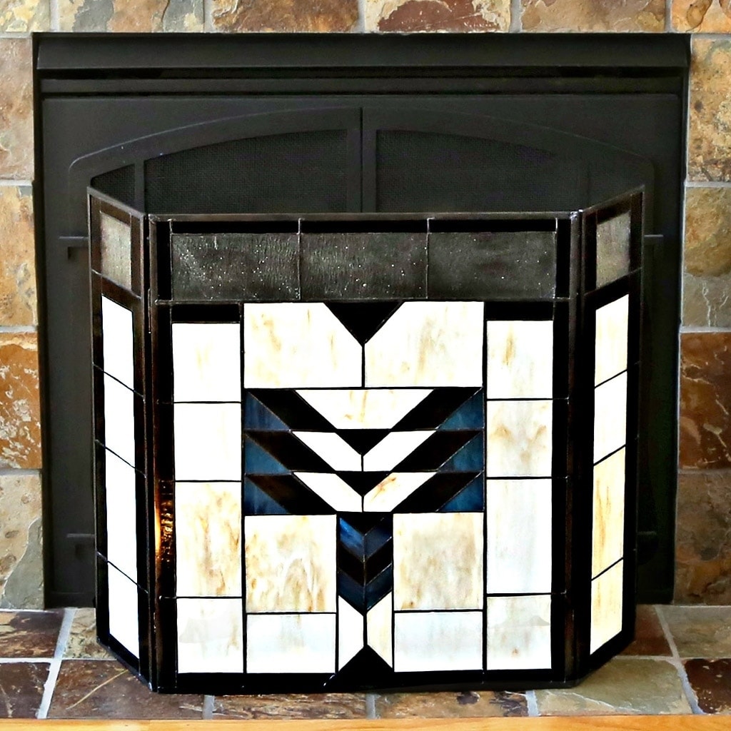 26inch Mission Style Stained Glass Fireplace Screen Amber 31.5"L x 6