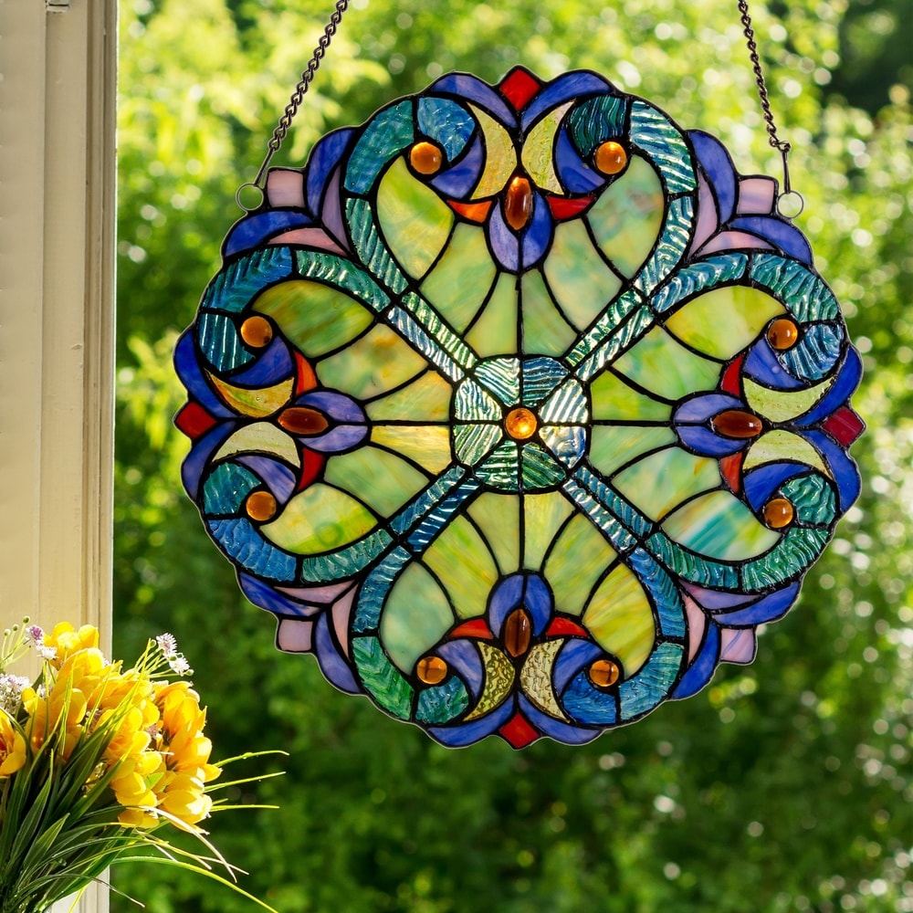 River of Goods Mini Halston Tiffany-Style Stained Glass 12-inch Window Panel - 12"L x 0.25"W x 12"H