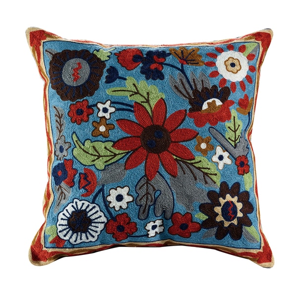 eLIGHT Liam Blue/Green/Red Cotton 18-inch x 18-inch Embroidered Floral Throw Pillow - Free ...