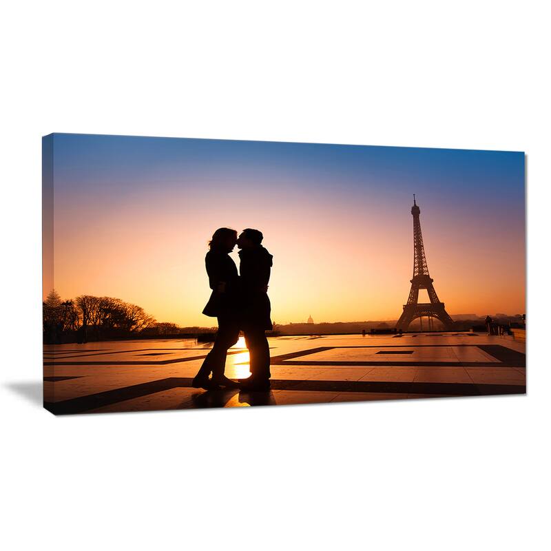 Eiffel with Kissing Couple - Landscape Photo Canvas Art Print - Yellow