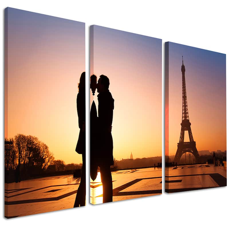 Eiffel with Kissing Couple - Landscape Photo Canvas Art Print - Yellow