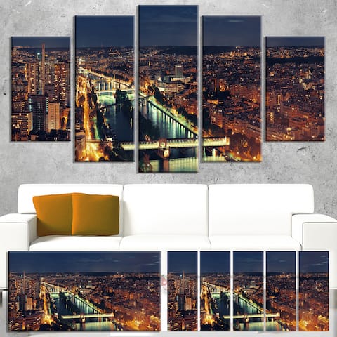 Paris City Night Skyline - Cityscape Photo Canvas Art Print - Yellow