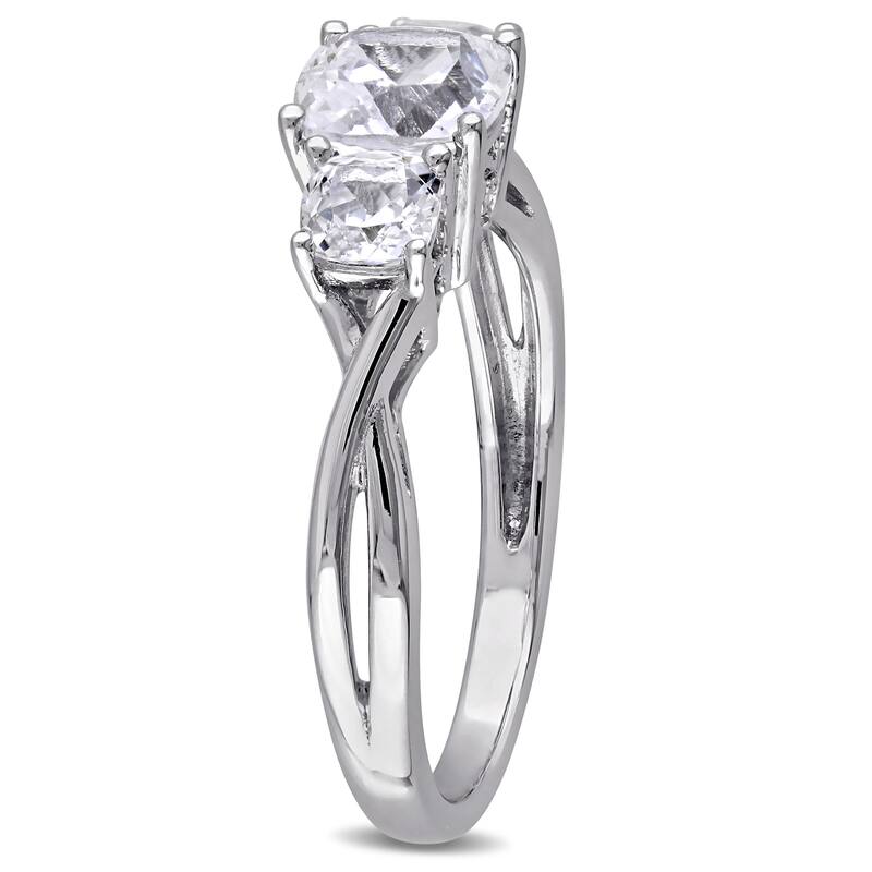Miadora 10k White Gold 3-Stone Cushion Shape Created White Sapphire and Diamond Engagement Ring