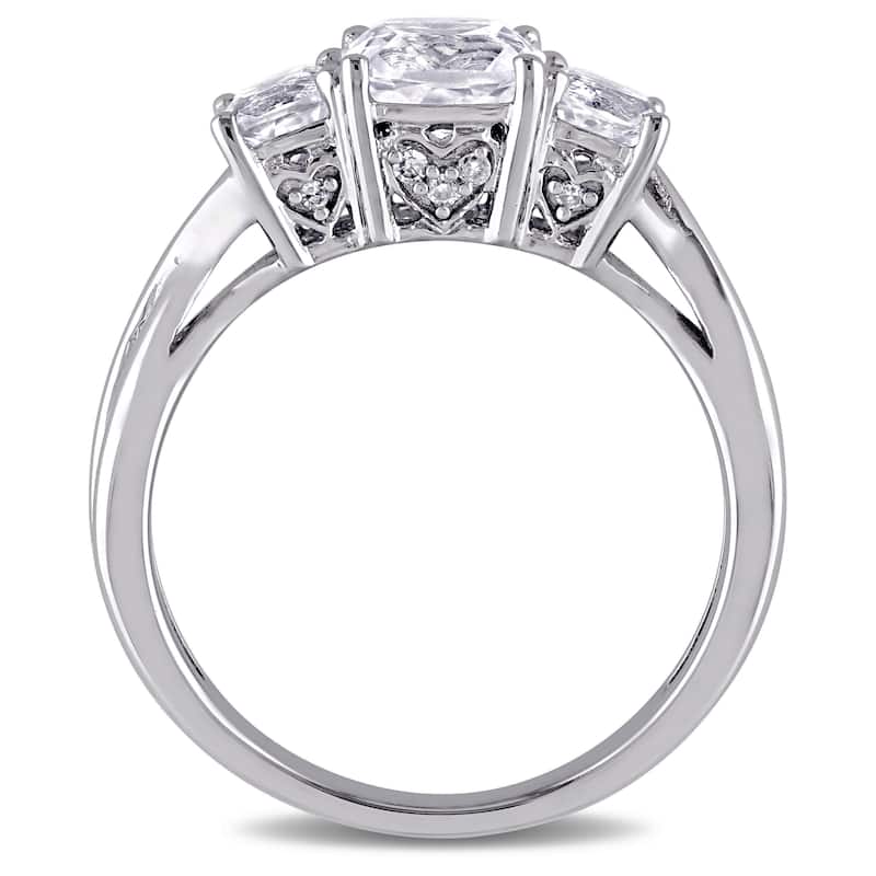 Miadora 10k White Gold 3-Stone Cushion Shape Created White Sapphire and Diamond Engagement Ring