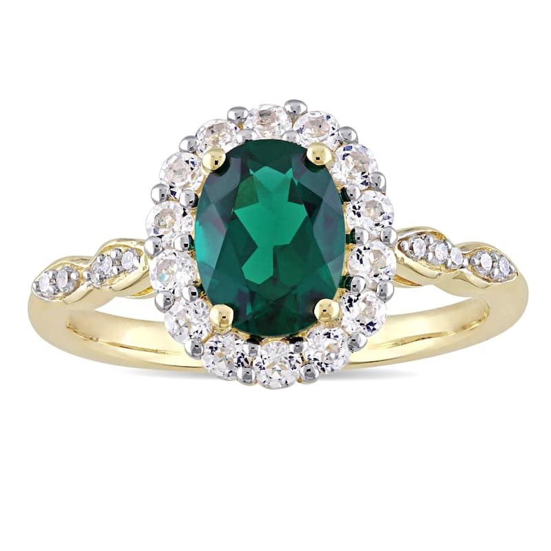 Miadora 14k Yellow Gold Created Emerald, White Topaz and Diamond Accent Vintage Halo Ring