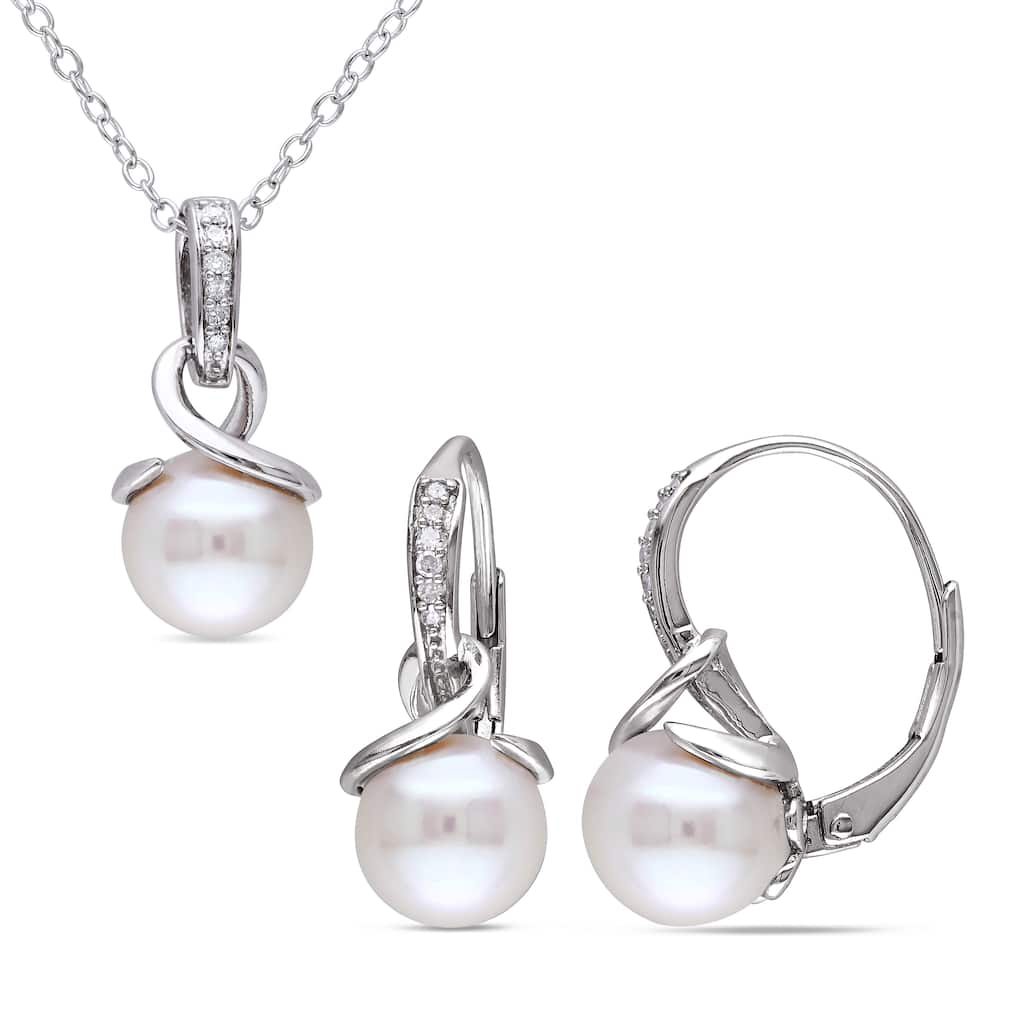 Miadora Sterling Silver 1/10ct TDW Diamond and Cultured Freshwater Pearl Earrings and Necklace Set (8-8.5 mm) - White