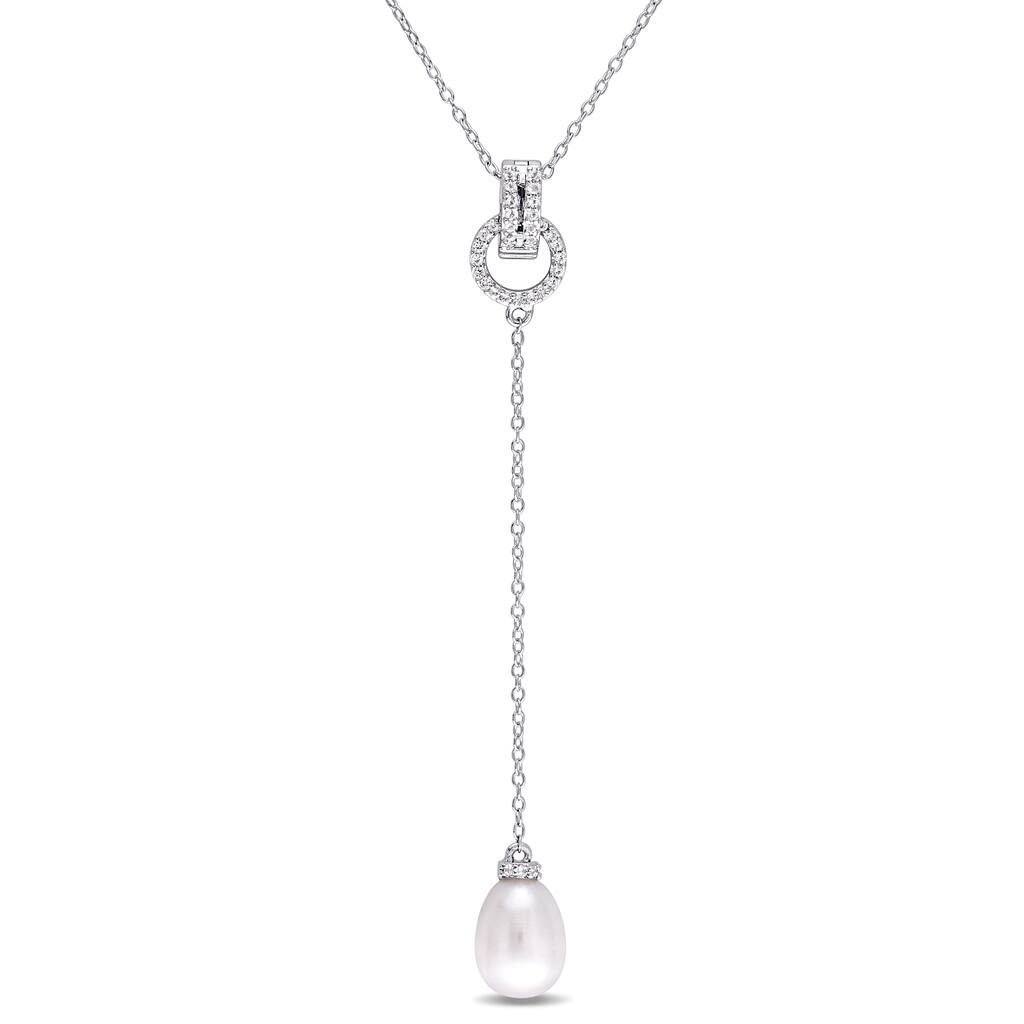 Miadora Sterling Silver White Topaz and Cultured Freshwater Pearl Lariat Necklace (8 - 8.5 mm)