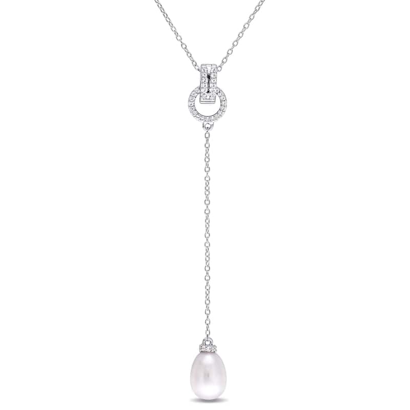 Miadora Sterling Silver White Topaz and Cultured Freshwater Pearl Lariat Necklace (8 - 8.5 mm)