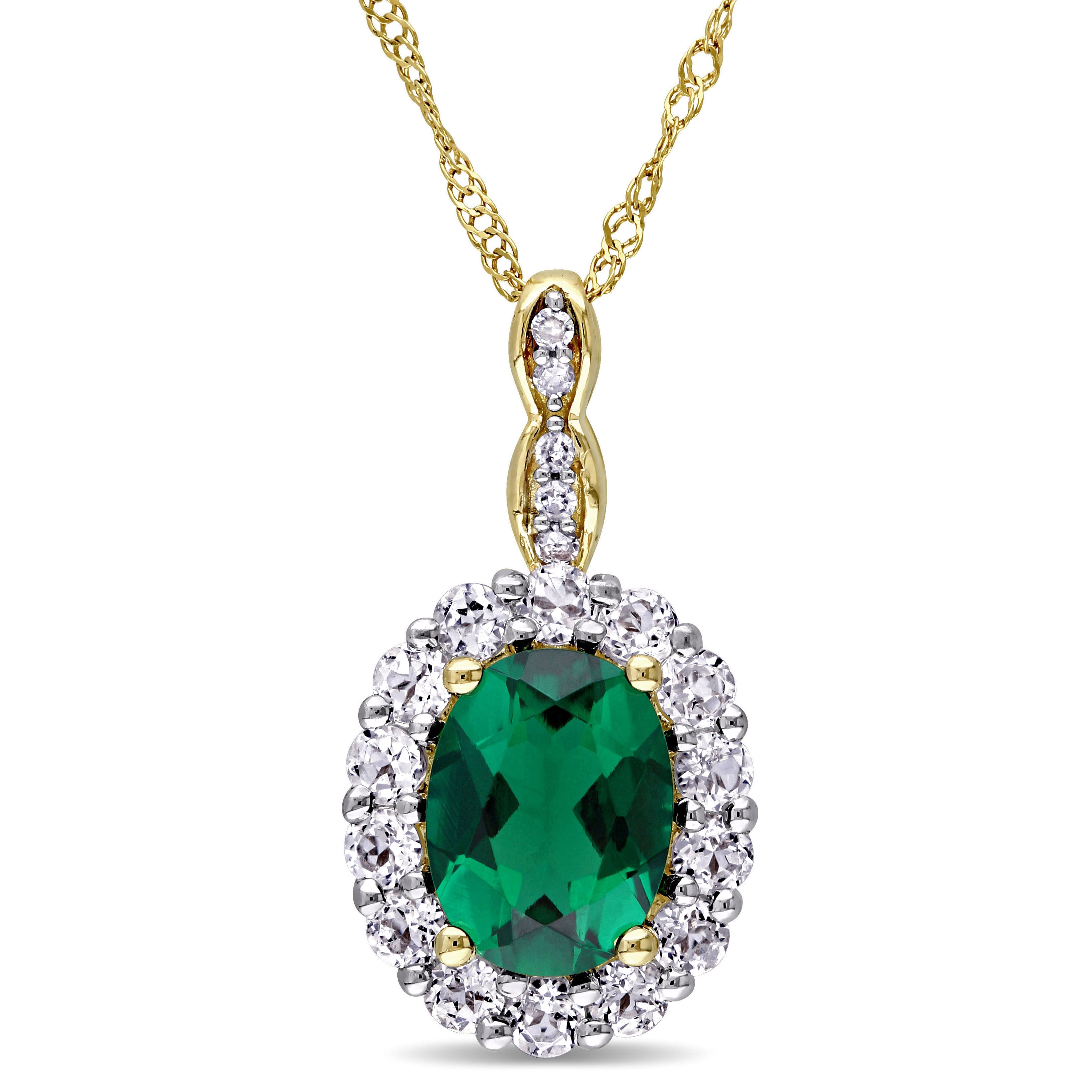 Miadora 14k Yellow Gold Created Emerald, White Topaz and Diamond Accent Vintage Halo Necklace - Green