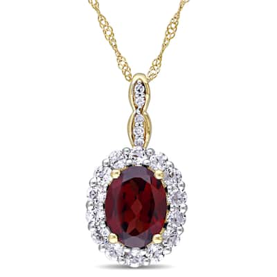 Miadora 14k Yellow Gold Oval Garnet, White Topaz and Diamond Accent Vintage Halo Necklace - Red