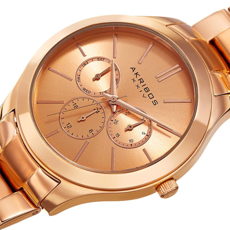 Akribos XXIV Women's Quartz Multifunction Rose-Tone Stainless Steel Bracelet Watch