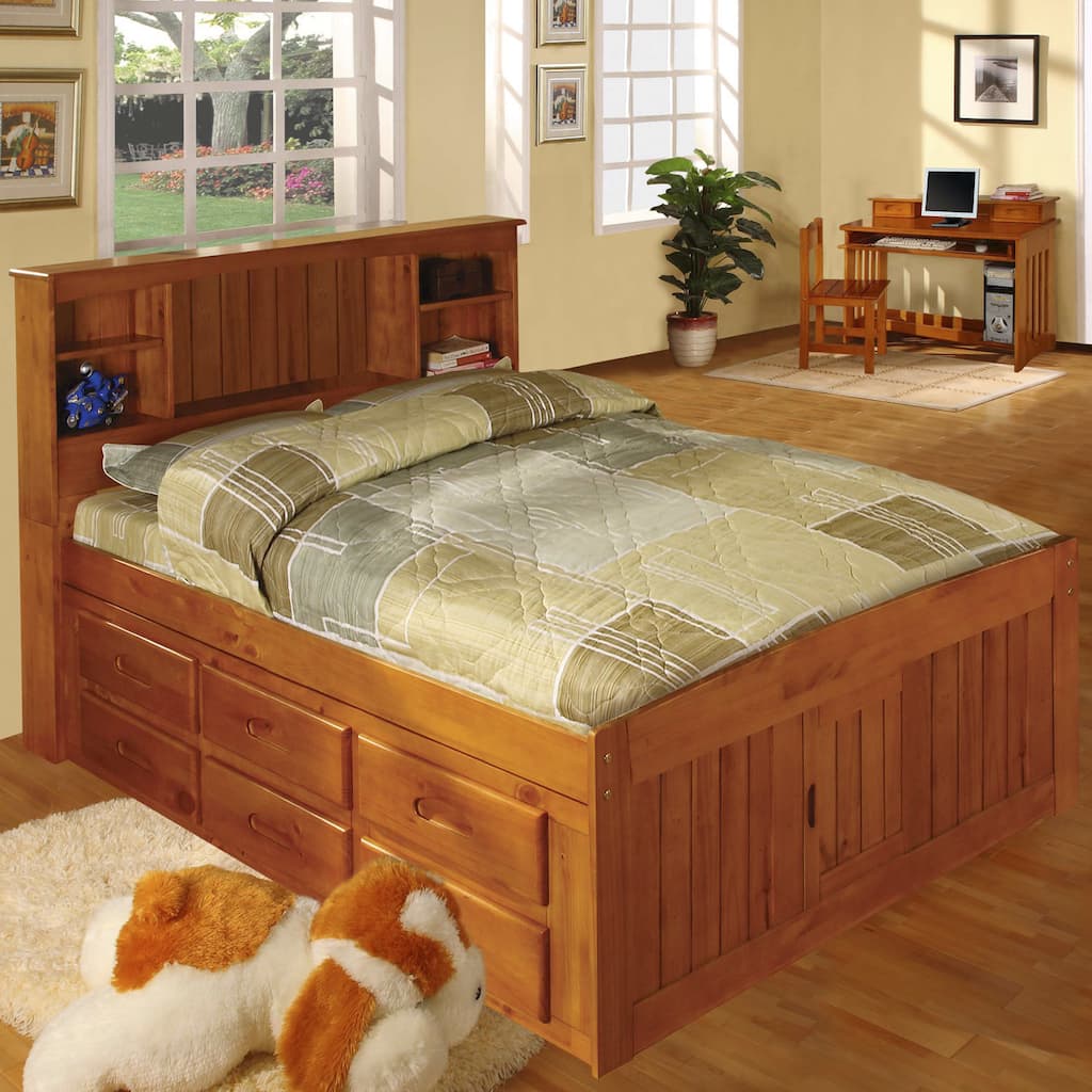 Honey-finished Pine Wood Full-size 12-drawer Captains Bed
