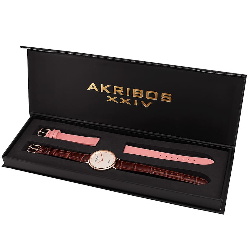 Akribos XXIV Women's Quartz Diamond Interchangeable Leather Brown Strap Watch