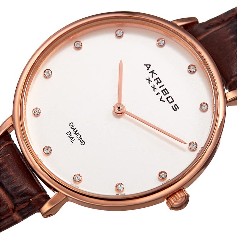 Akribos XXIV Women's Quartz Diamond Interchangeable Leather Brown Strap Watch