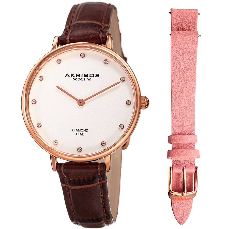 Akribos XXIV Women's Quartz Diamond Interchangeable Leather Brown Strap Watch