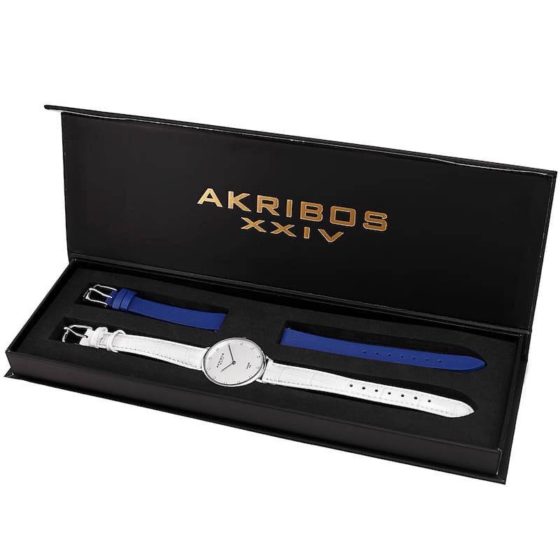 Akribos XXIV Women's Quartz Diamond Interchangeable Leather White Strap Watch