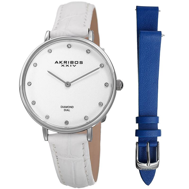 Akribos XXIV Women's Quartz Diamond Interchangeable Leather White Strap Watch