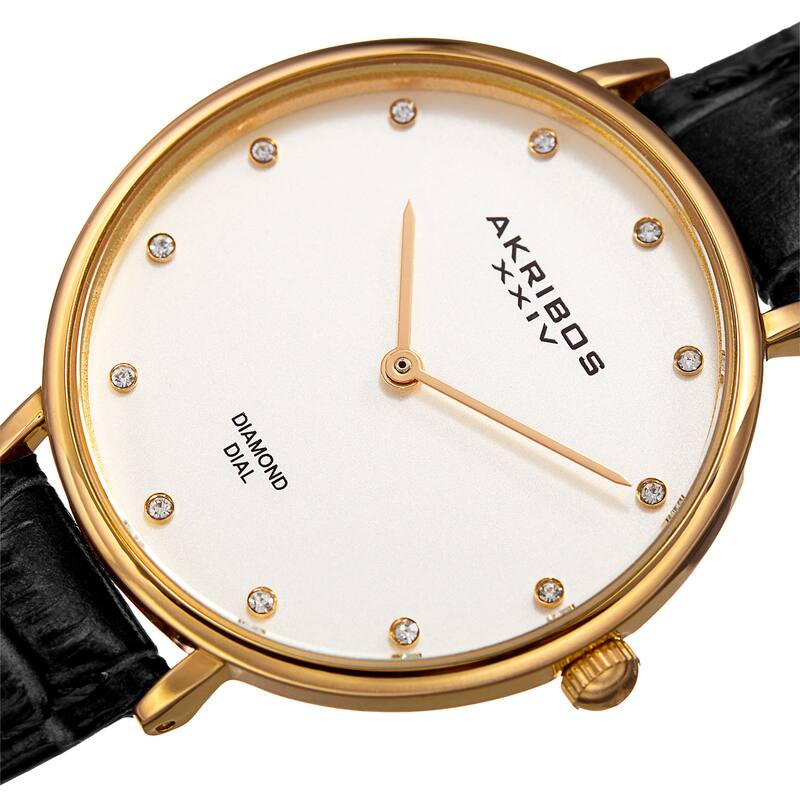 Akribos XXIV Women's Quartz Diamond Interchangeable Leather Black Strap Watch
