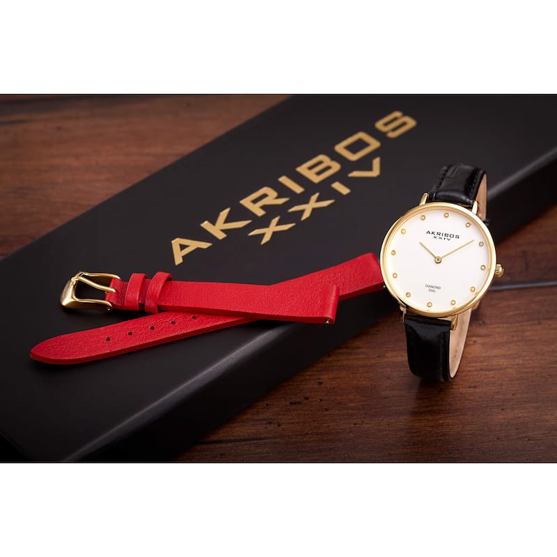 Akribos XXIV Women's Quartz Diamond Interchangeable Leather Black Strap Watch