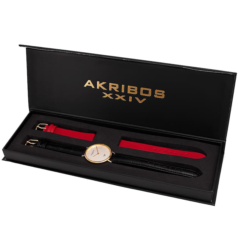 Akribos XXIV Women's Quartz Diamond Interchangeable Leather Black Strap Watch