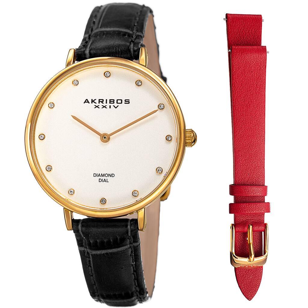 Akribos XXIV Women's Quartz Diamond Interchangeable Leather Black Strap Watch