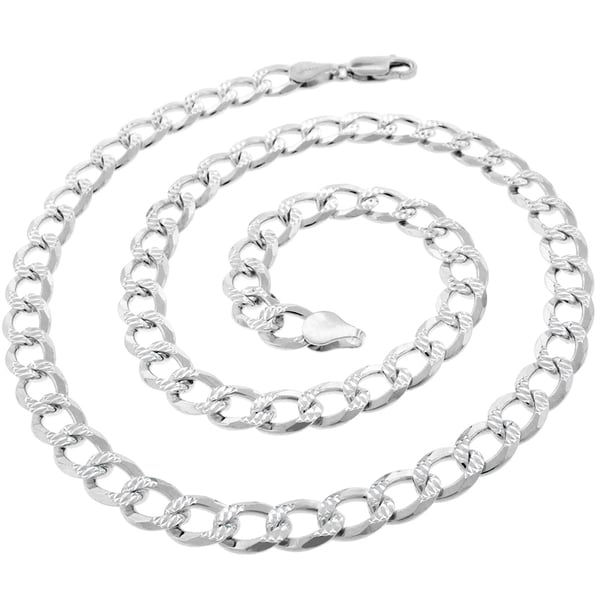 Solid 925 Sterling Silver 7mm Pave Diamond Cut Curb Link Cuban Chain Necklace