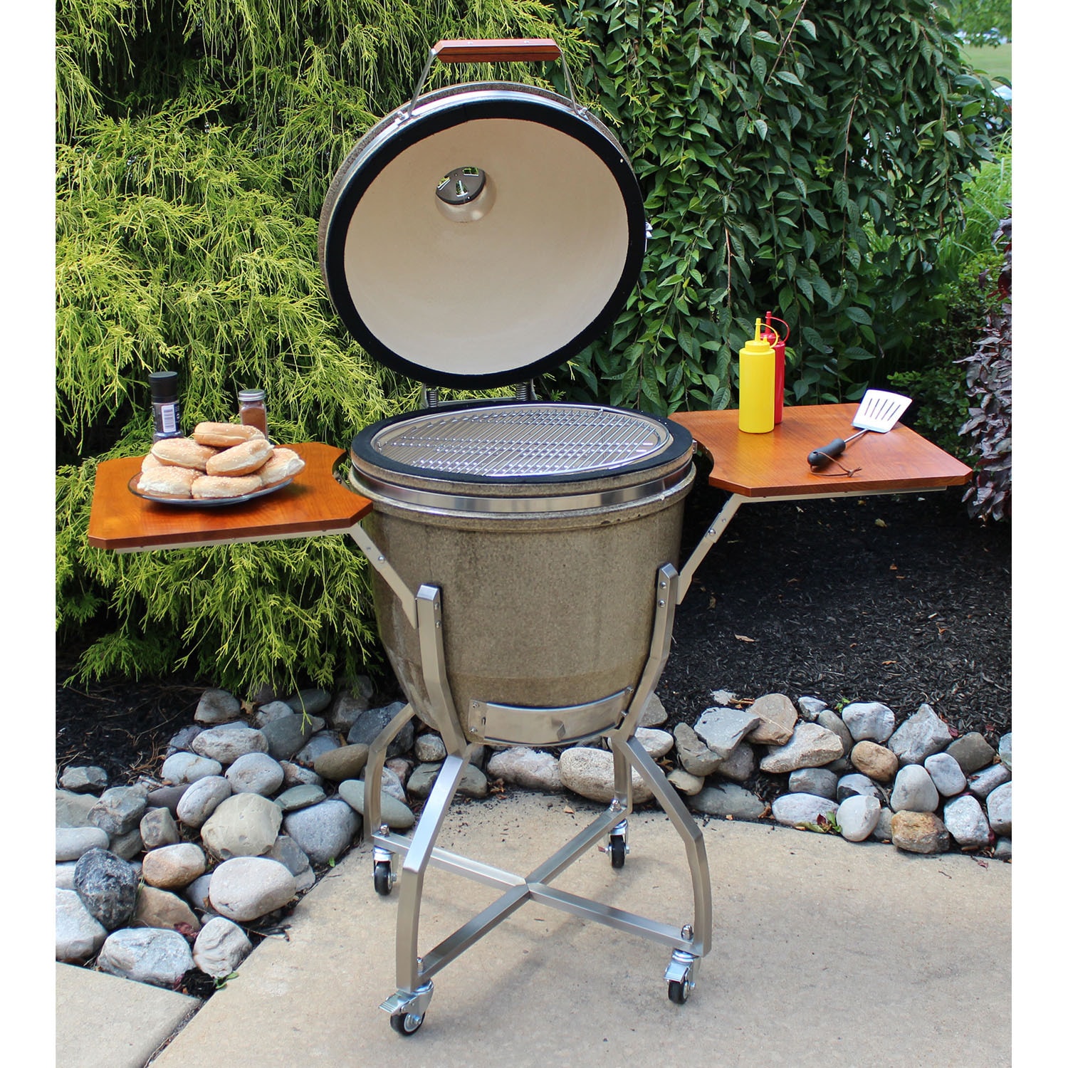 Hanover Ceramic Kamado Grill with Stainless Steel Cart and Accessories  Package