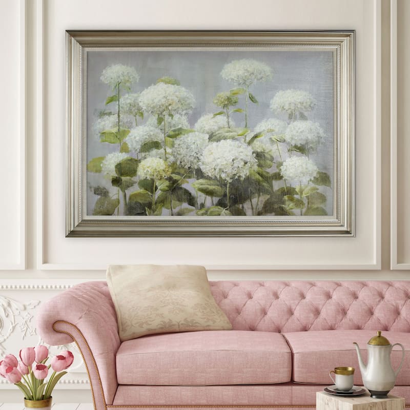 Danhui Nai 'White Hydrangea Garden' Framed Canvas Art - Blue